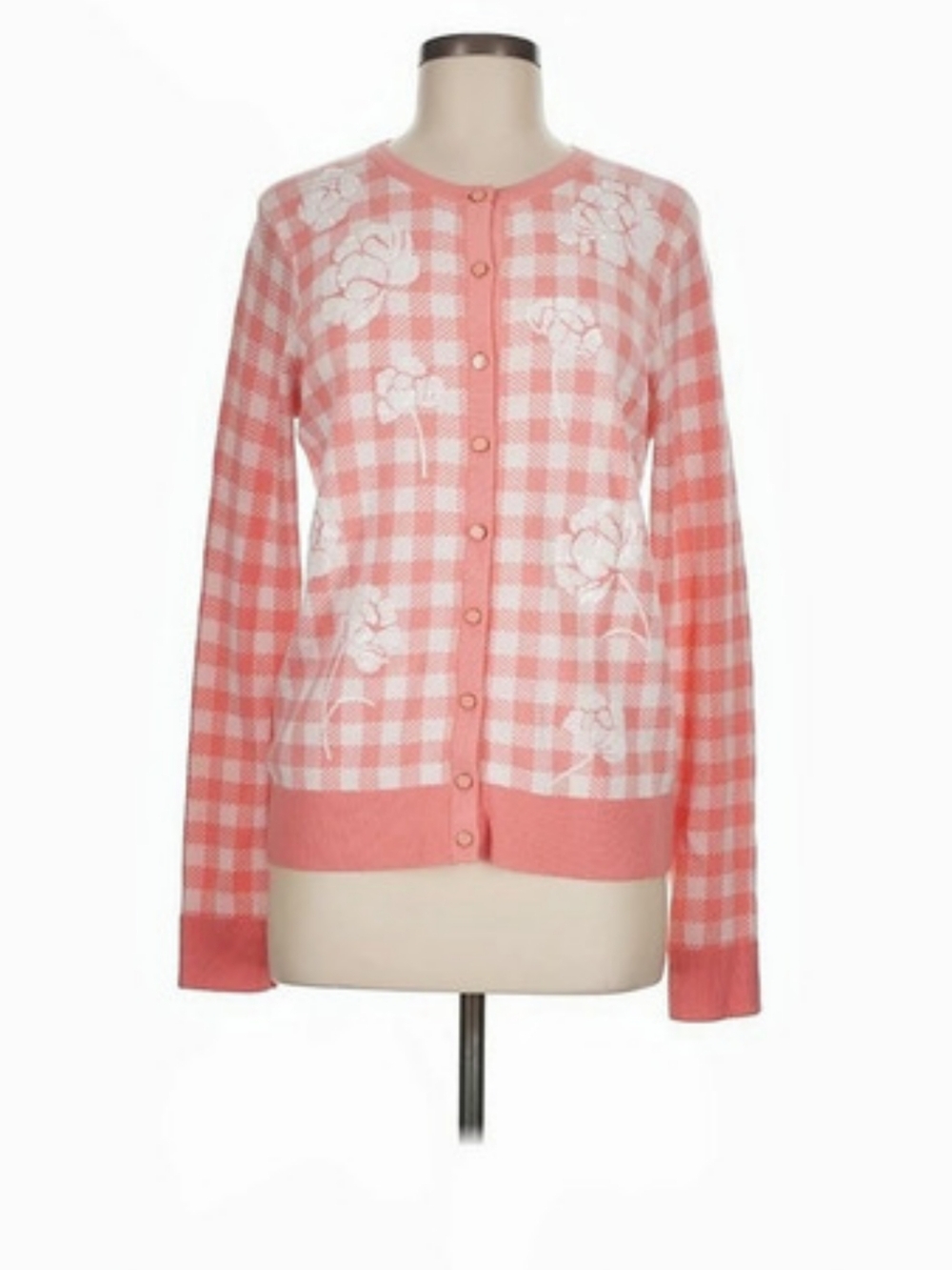 Charter Club Gingham Floral Cardigan Sweater Pink & White